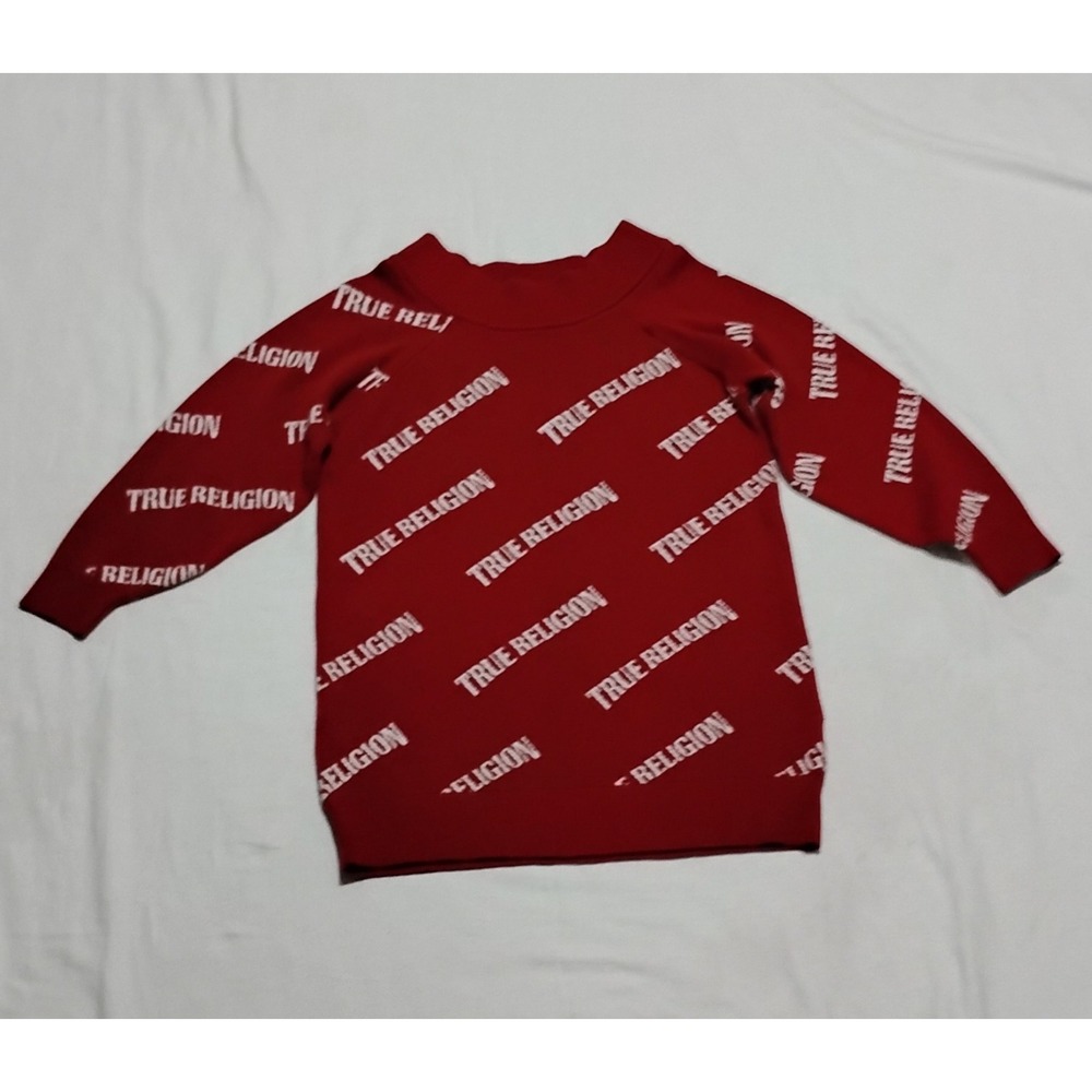 True Religion Women's S/P Logo Knit Off-Shoulder Sweater Dress Red White